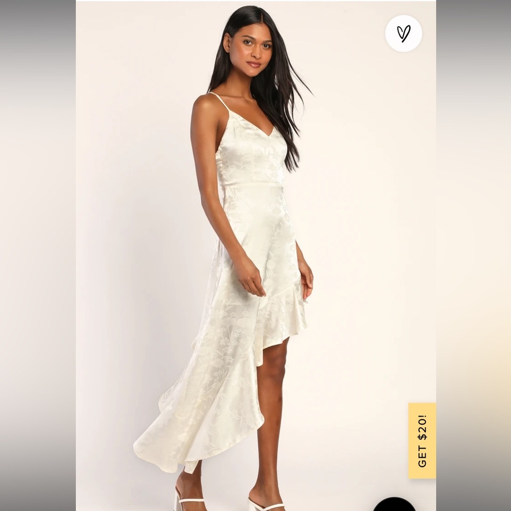 Lulus Ivory Satin Floral Asymmetrical Dress